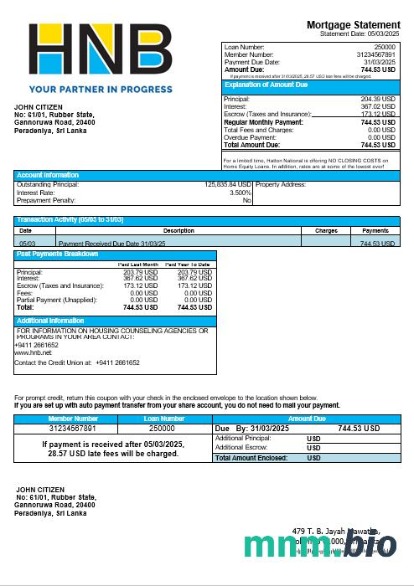Sri Lanka Hatton National Bank wyciąg z kredytu hipotecznego w formatach Word i PDF